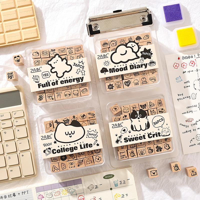 Journal GO 36pcs/set Cute Cartoon Wooden Rubber Stamp Set Lovely Rubber Seal for Collage Junk Journal Scrapbooking Planner