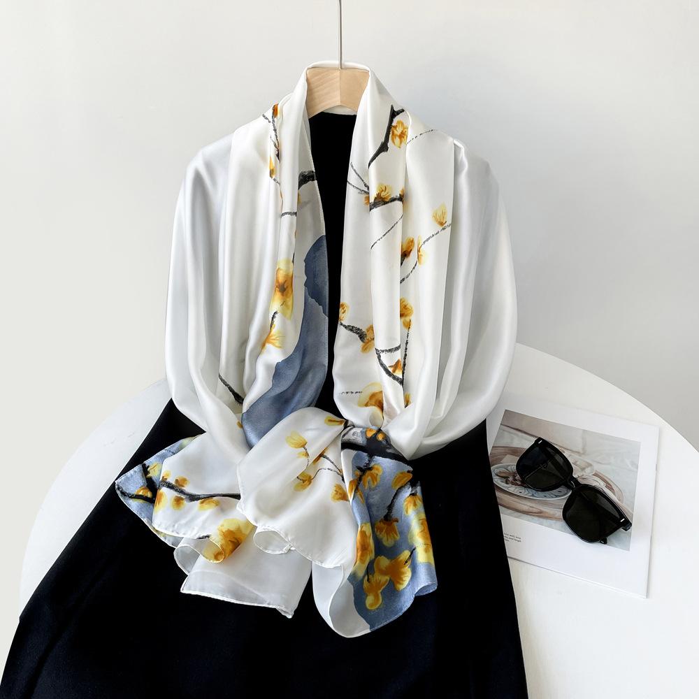 Spring and Summer Satin Long Scarf for Women Sunscreen Shawl Fashionable Beauty Scene Satin Long Scarf Versatile Travel Scarf