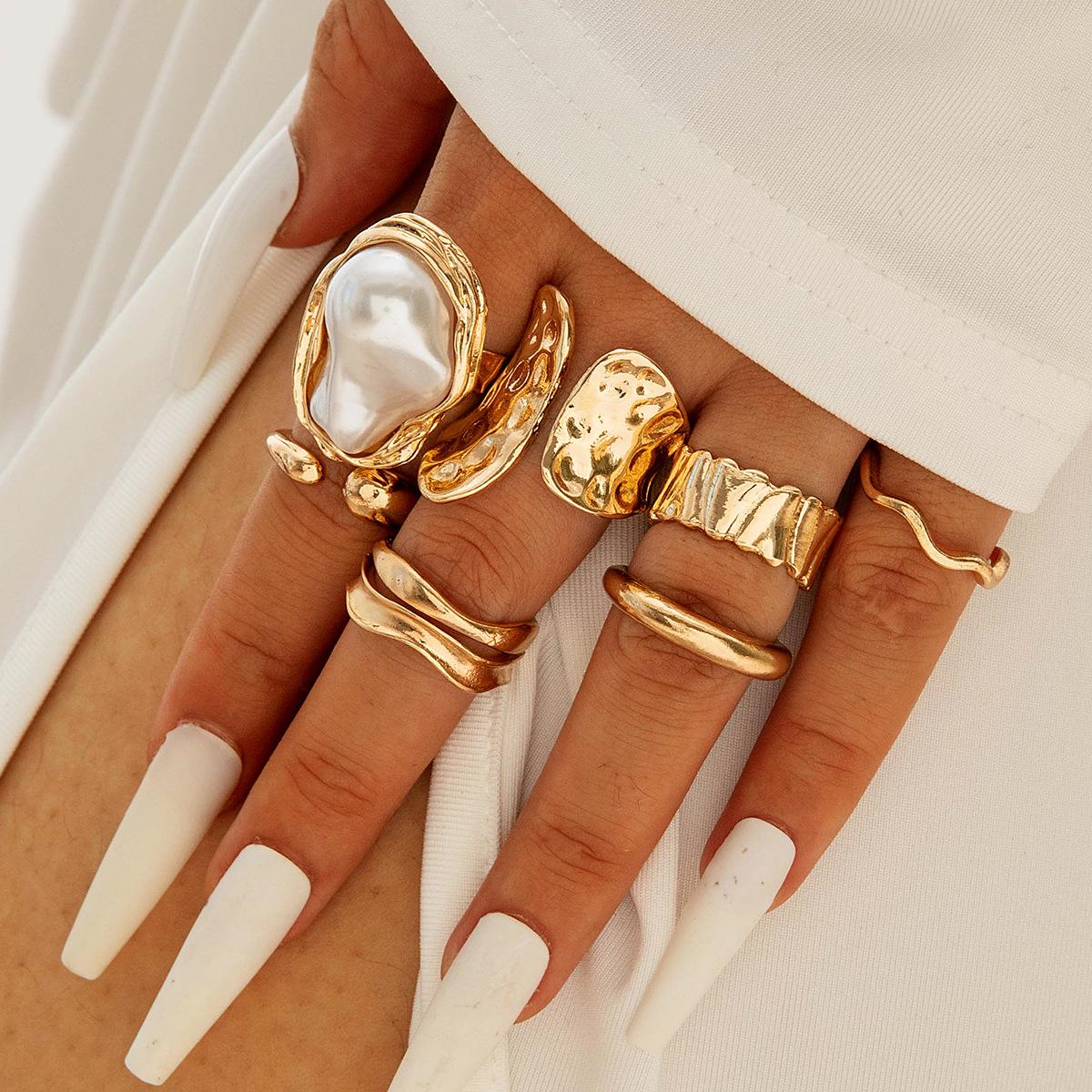 Кольцо с неправильным жемчугом в стиле холодного барокко, набор геометрических полых открытых колец