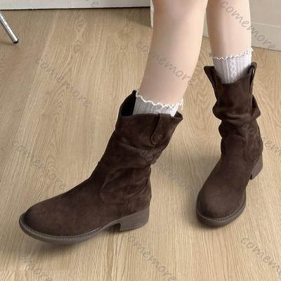 Celebre Botas Femininas Salto Bloco Botas de Cano Médio Empilhadas Sapatos de Outono Femininos Casuais Camurça Lisa Bota Feminina Cowboy Ocidental