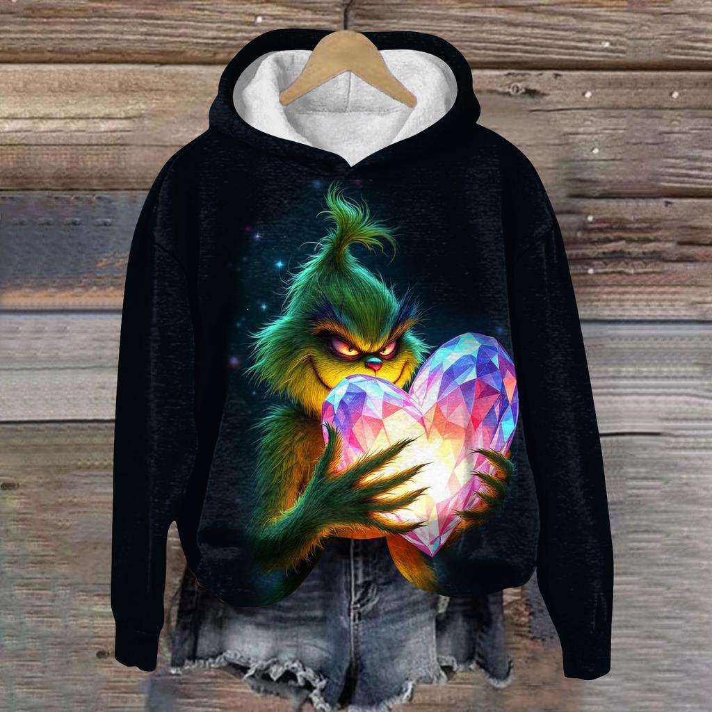 Ladies' Christmas Greentown Print Casual Long Sleeved Hooded Sweatshirt Top