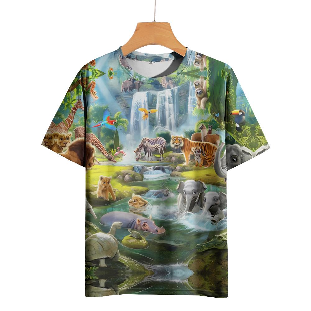 Tričko s kresleným zvířecím potiskem pro muže Trička Starověký les Tričko Outdoor Hip Hop Topy Oblečení Neformální Trička s volným krátkým rukávem