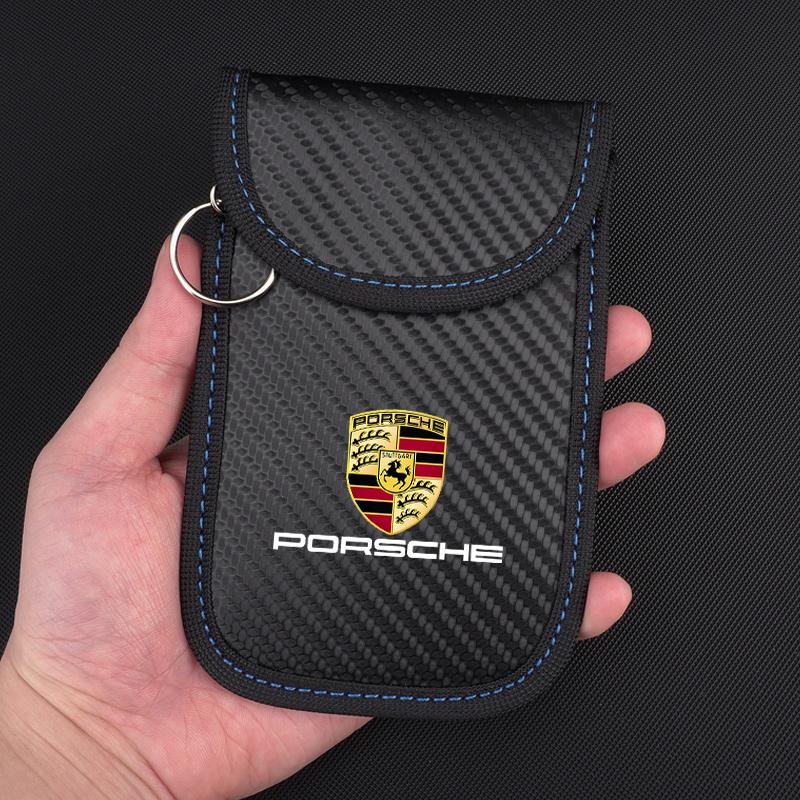 AIHQR1 Car Key Case Signal Blocker Bag Car RFID Shielding Pocket Anti-Theft Pouch For Porsche Panamera Macan Boxster Cayman 911 Sticker