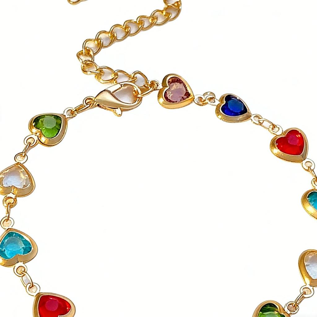 Fashion Women's Bracelet with Colorful Heart Gem Stones - Adjustable Gold Chain Jewelry for Daily Wear