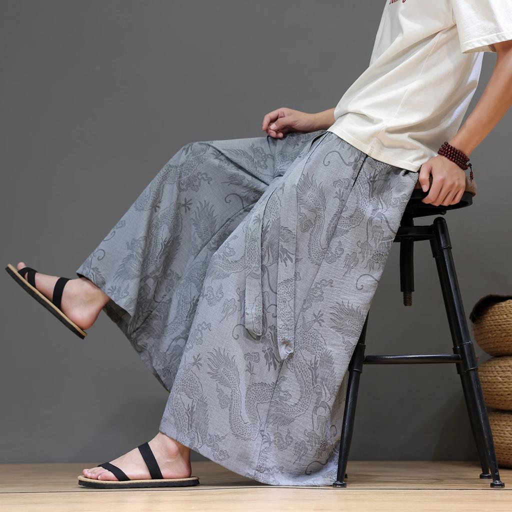 2026 New Chinese Style Dragon Pattern Ice Silk Bottoms Traditional Chinese Ethnic Wide Leg Pants Man Harajuku Oversized Trousers