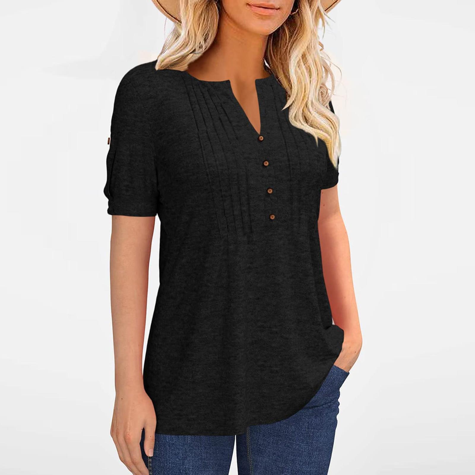 

Женская однотонная плиссированная футболка свободного покроя с коротким рукавом и V-образным вырезом XXL чёрный