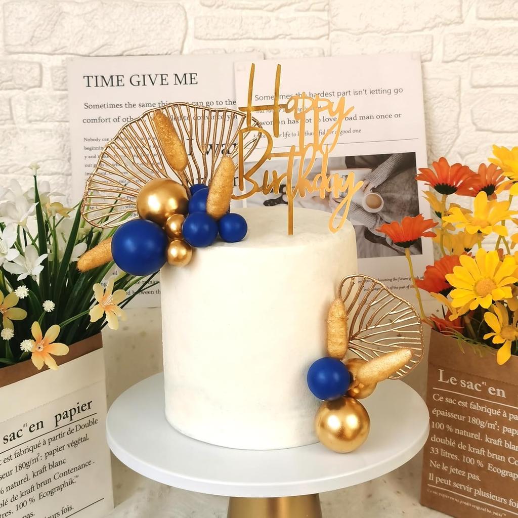 Boho Cake Topper Gold Blue Balls Cake Decorations Palm Leaves Boho Grass for Wedding Birthday Gold Blue Boho Themed Party