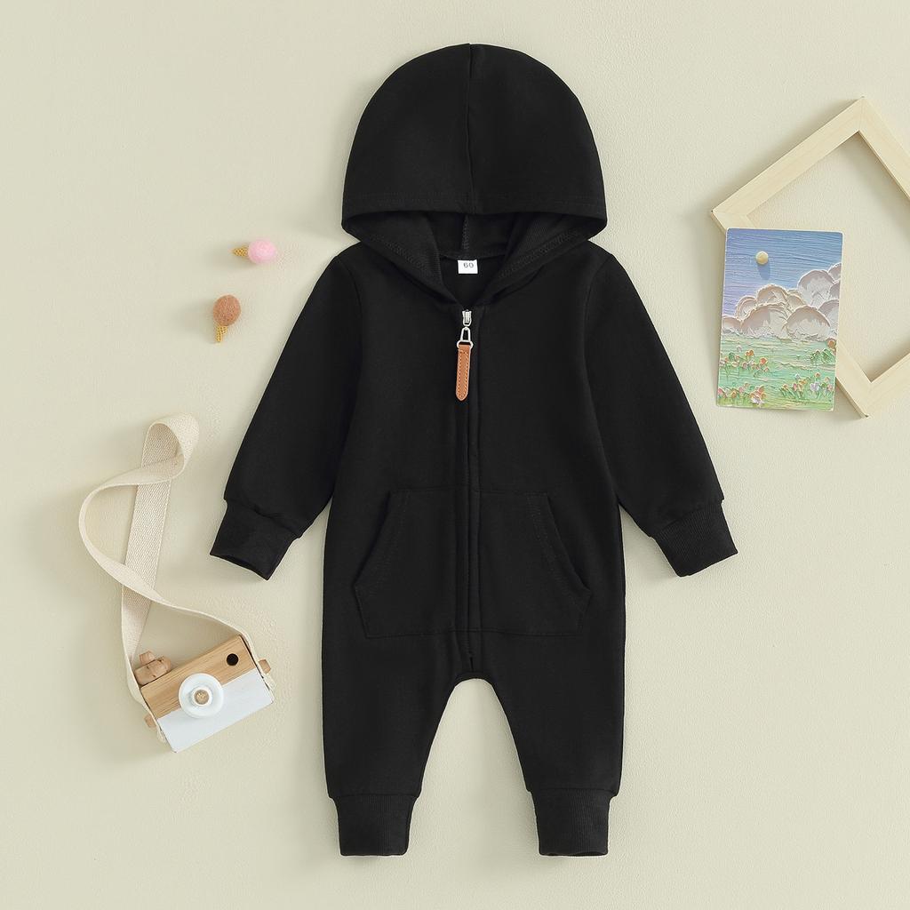 Baby Jumpsuit, Long Sleeve Hooded Zip-up Solid Fall Romper Clothes for Boys Girls