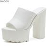 14CM Super High Heel Platform Mules Women Outdoor Slippers Peep Toe Slip On Sandals PU Black White Size 35-42 Zapatos De Mujer