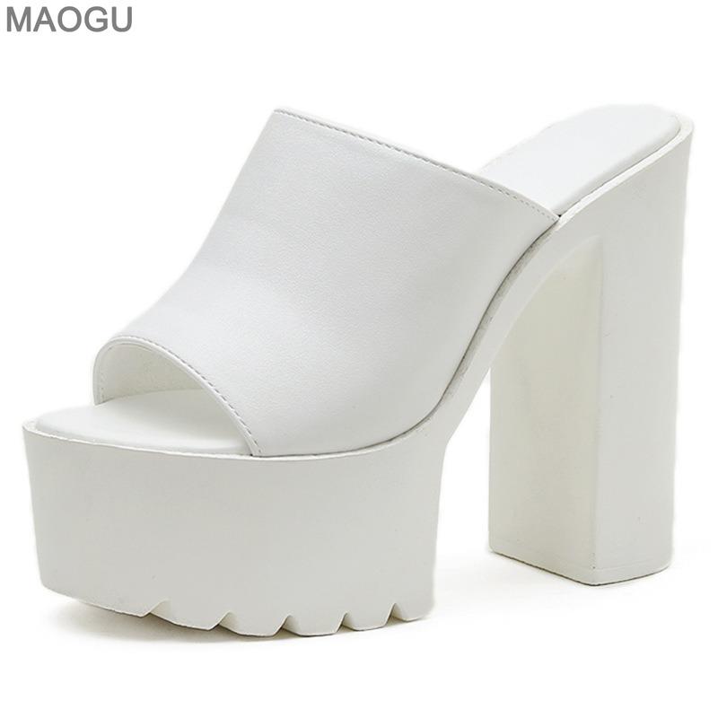 14CM Super High Heel Platform Mules Women Outdoor Slippers Peep Toe Slip On Sandals PU Black White Size 35-42 Zapatos De Mujer