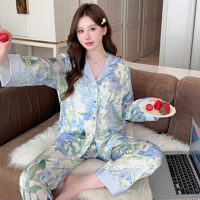 New Long-sleeved Large-size Printing Suit Internet Celebrity Summer Pajamas Women's Ice Silk Outer Loungewear