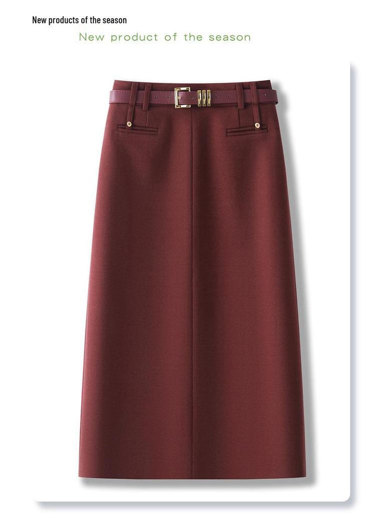 Khaki Wool Midi Bodycon Skirt for Women - 2024 Autumn/Winter New Style with Slit