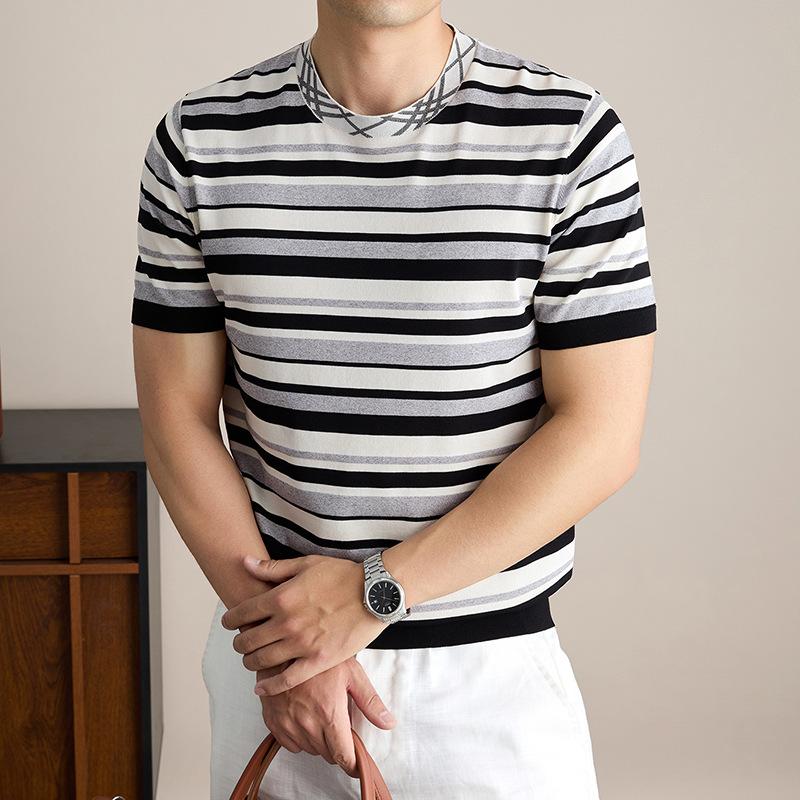 Summer Short Sleevet Crew Neck Striped Vintage Casual Versatile Fashion Top M
