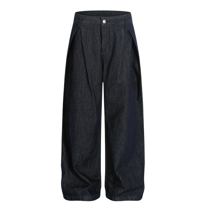 Blaexit American Retro Pleated Raw Denim A-Line Jeans for Men, Loose Straight Black Scimitar Wide-Leg Trousers