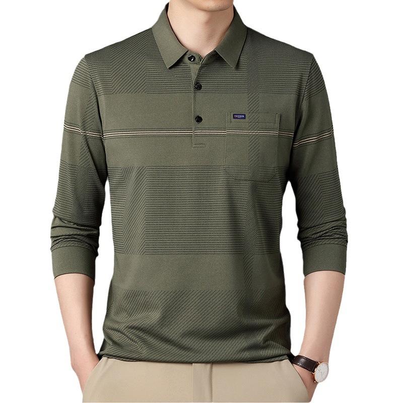 New Dad Wear Men's Lead Long-Sleeved T-shirt Men's Real Pocket Top Striped Men's Polo Shirt with Pockets