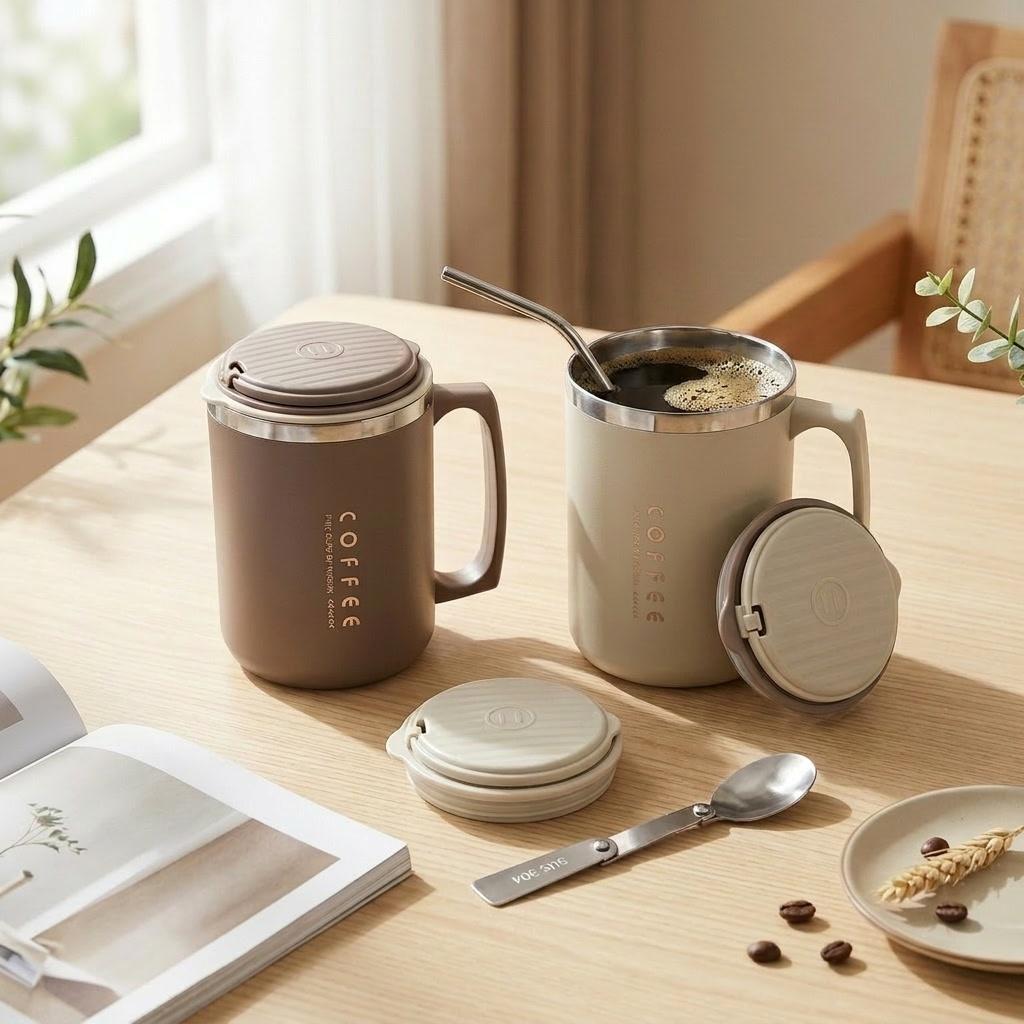 Insulated Coffee Travel Mug with Handle 304 Stainless Steel Thermal Tumbler Leakproof Thermos Water Bottle Dual Drink Straw Cup