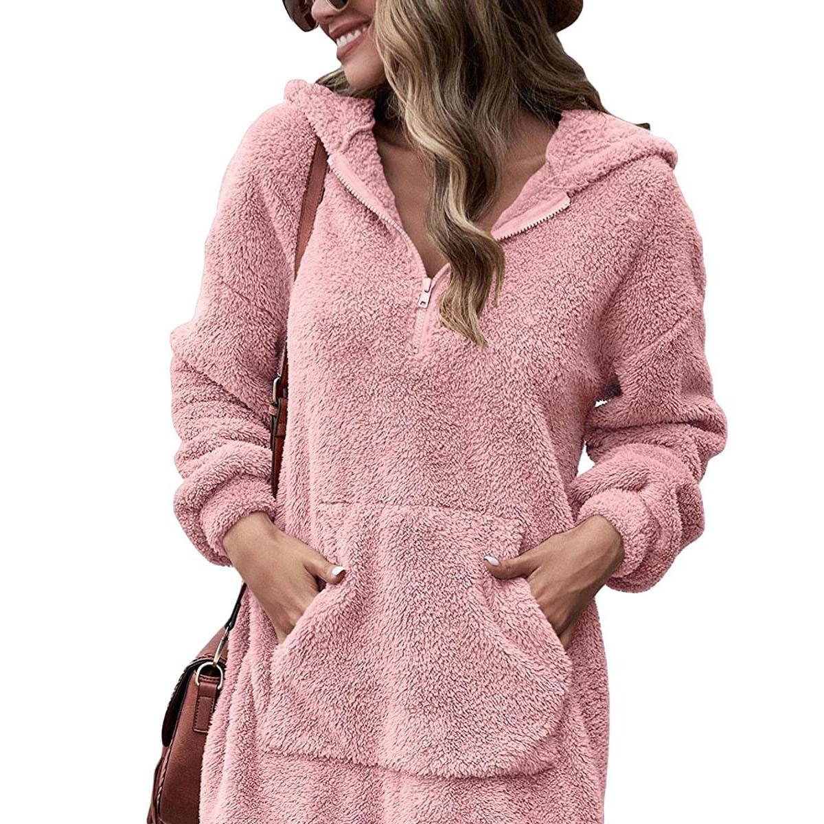 

Женская двухсторонняя флисовая куртка с капюшоном, свободная застежка-молния, плюшевый карман S розовый