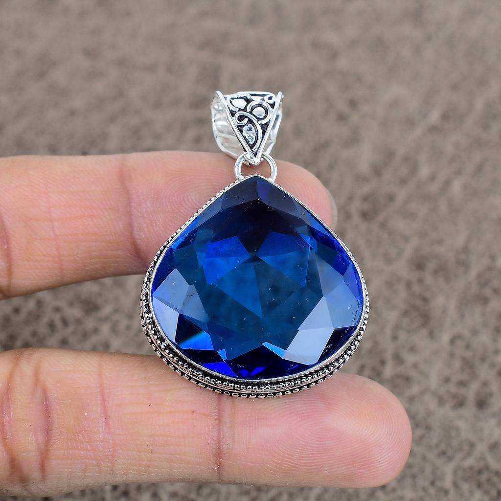 Blue Topaz Gemstone Handmade 925 Sterling Silver Jewelry Pendant 1.85" KKG-46