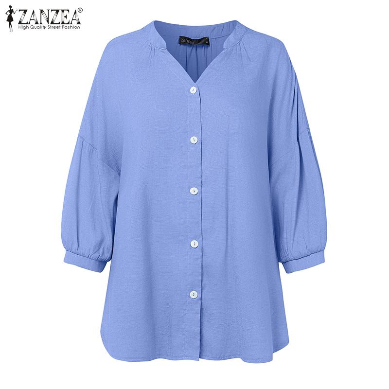 ZANZEA Women Round Neck 3/4 Sleeve Solid Color Casual Thin Blouses