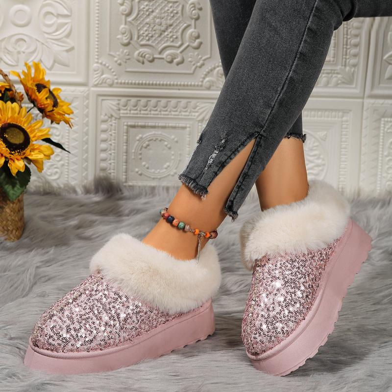 Faux Fur Winter Boots Women New 2024 Fashion Sequined Cloth Warm Snow Boots Woman Non-Slip Thicken Plush Ankle Booties Plus Size