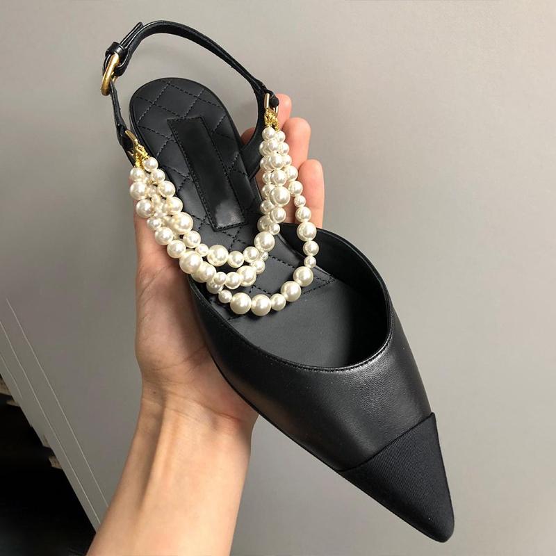 

Fashion Little Fragrant Mary Jane Shoes 2025 New French Retro Baotou High Heels Pearl Chain Matching Color Pointy Flat Shoes 40