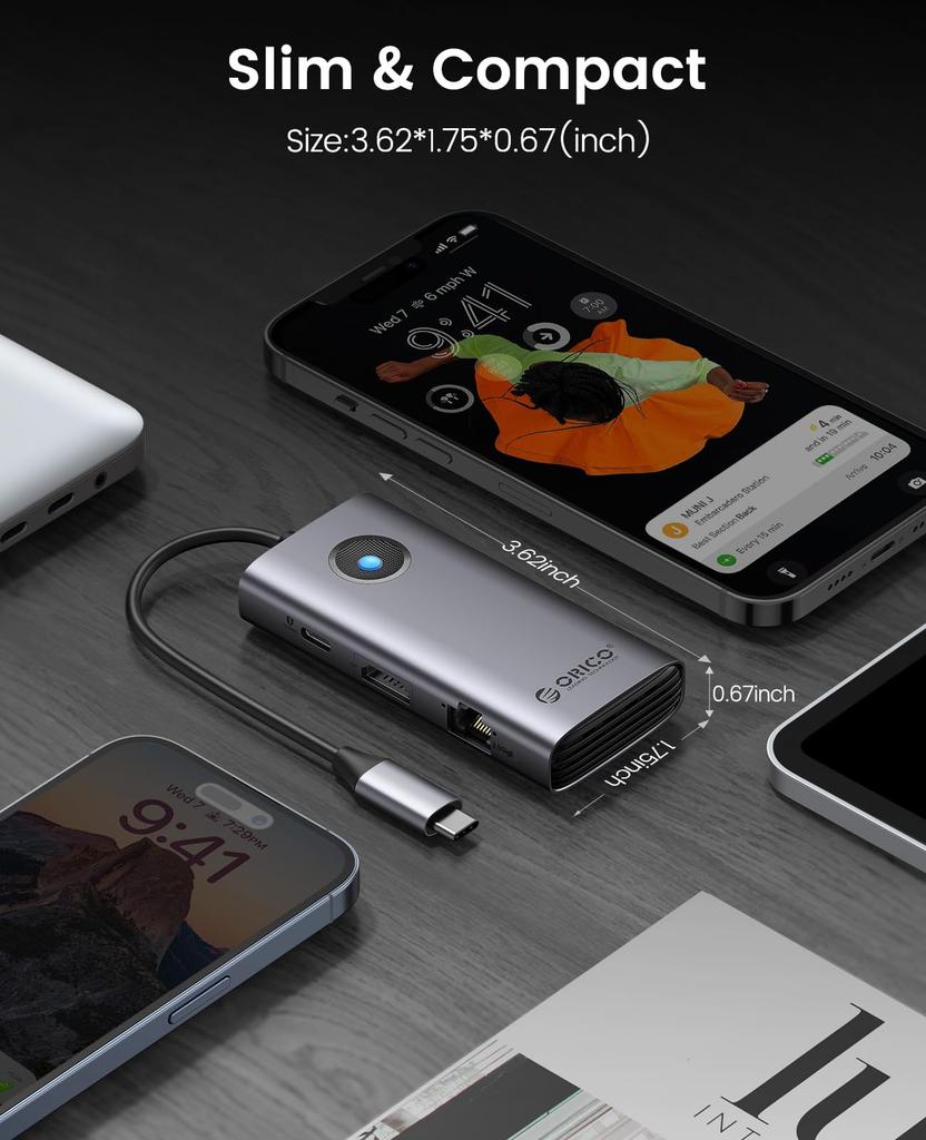 Docking ORICO 6 In 1 USB 4K PD 2 1 USB C Multiport Adapter for Windows Mac Station, Hub, HDMI, 2.5G Ethernet, 100W, USB-A 3.0 Ports, USB-C 3.0 Port,