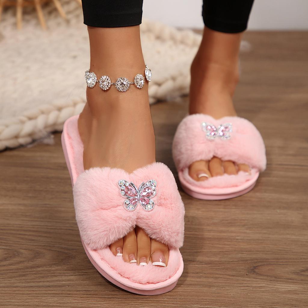 Fashion Elegant Crystal Butterfly Fur Slippers Women Warm Faux Fur House Cotton Slippers Woman Autumn Winter Open Toe Flats Slides Mujer