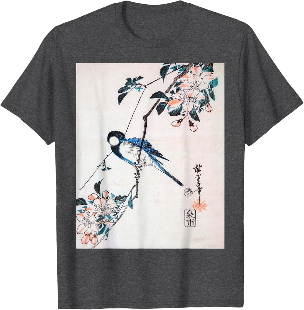 Great Titmouse on a Crab Apple Branch Utagawa Hiroshige Print Mens Casual Cotton TShirt