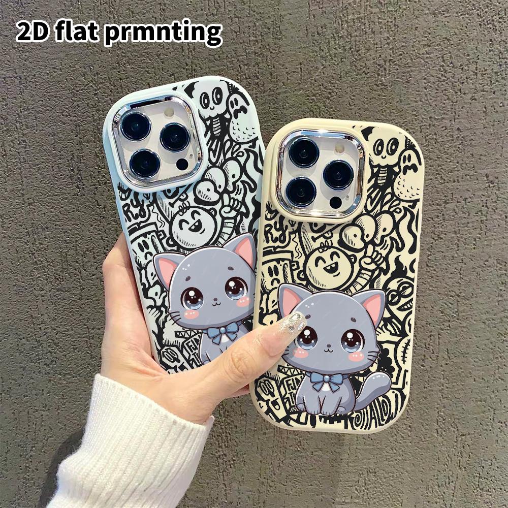 Phone Case: 2D Flat Design Suitable for iPhone 18 17 16 15 14 13 Pro Protective Case, Couple Style, Blue Bow Gray Cat, Christmas and Halloween Gifts