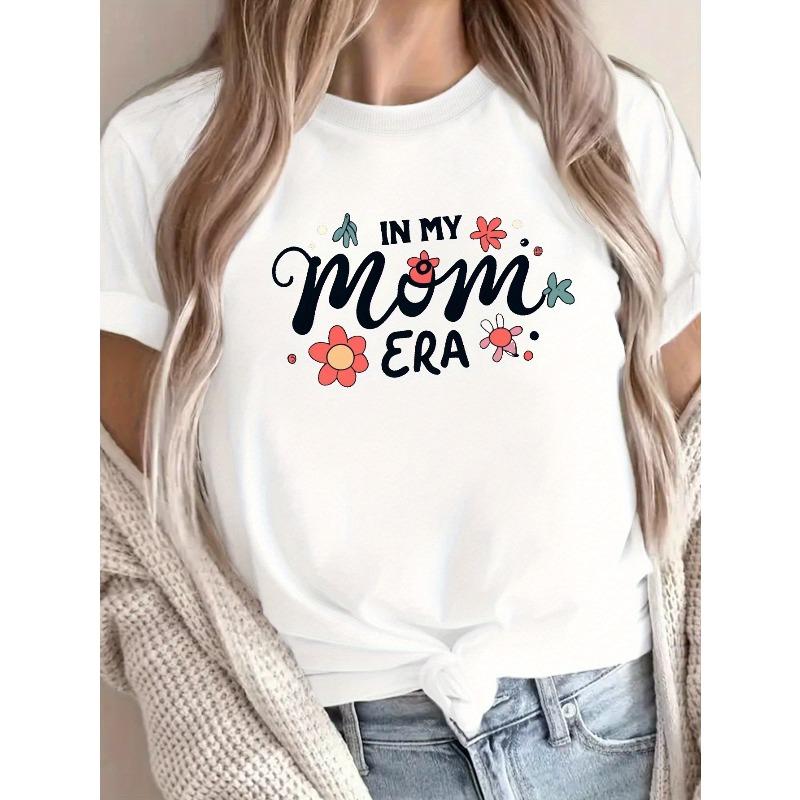 Mom Letter Print Crew Neck T-shirt, Casual Short Sleeve Top For Spring & Summer, Women s Clothing S белый