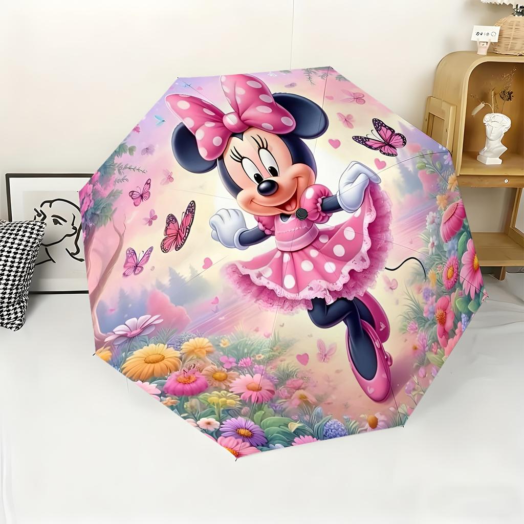 1pc Disney Minnie Mouse Cartoon Character Automatic Umbrella, All-Weather Folding Umbrella Suitable for All Occasions, Portabl