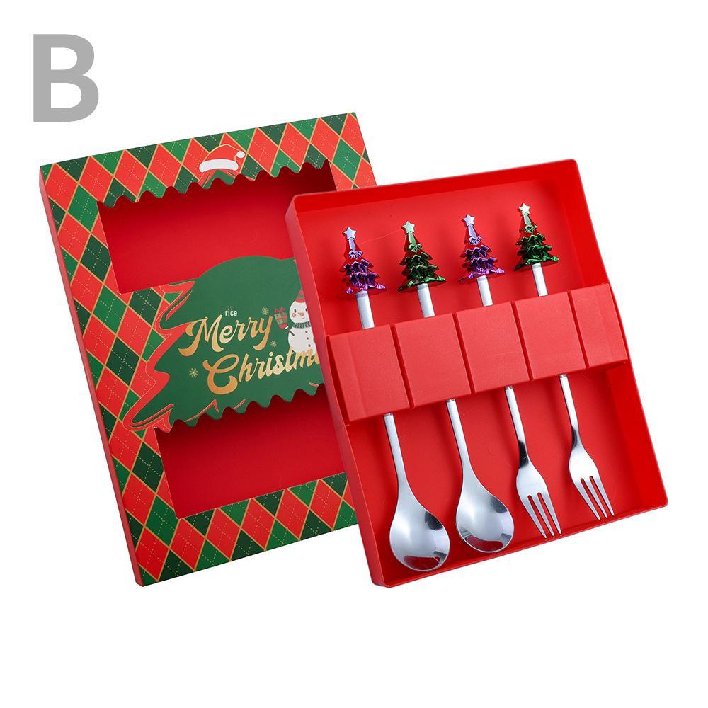 Cartoon Santa Claus Christmas Tree Coffee Dessert Spoon & Fork Gift Set