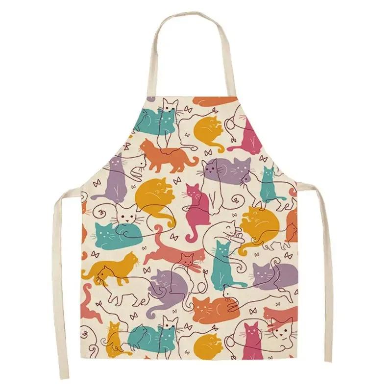 Lovely Cartoon Cats Kitchen Aprons for Women Cotton Linen Bibs Household Cleaning Pinafore Home Cooking 55x68cm