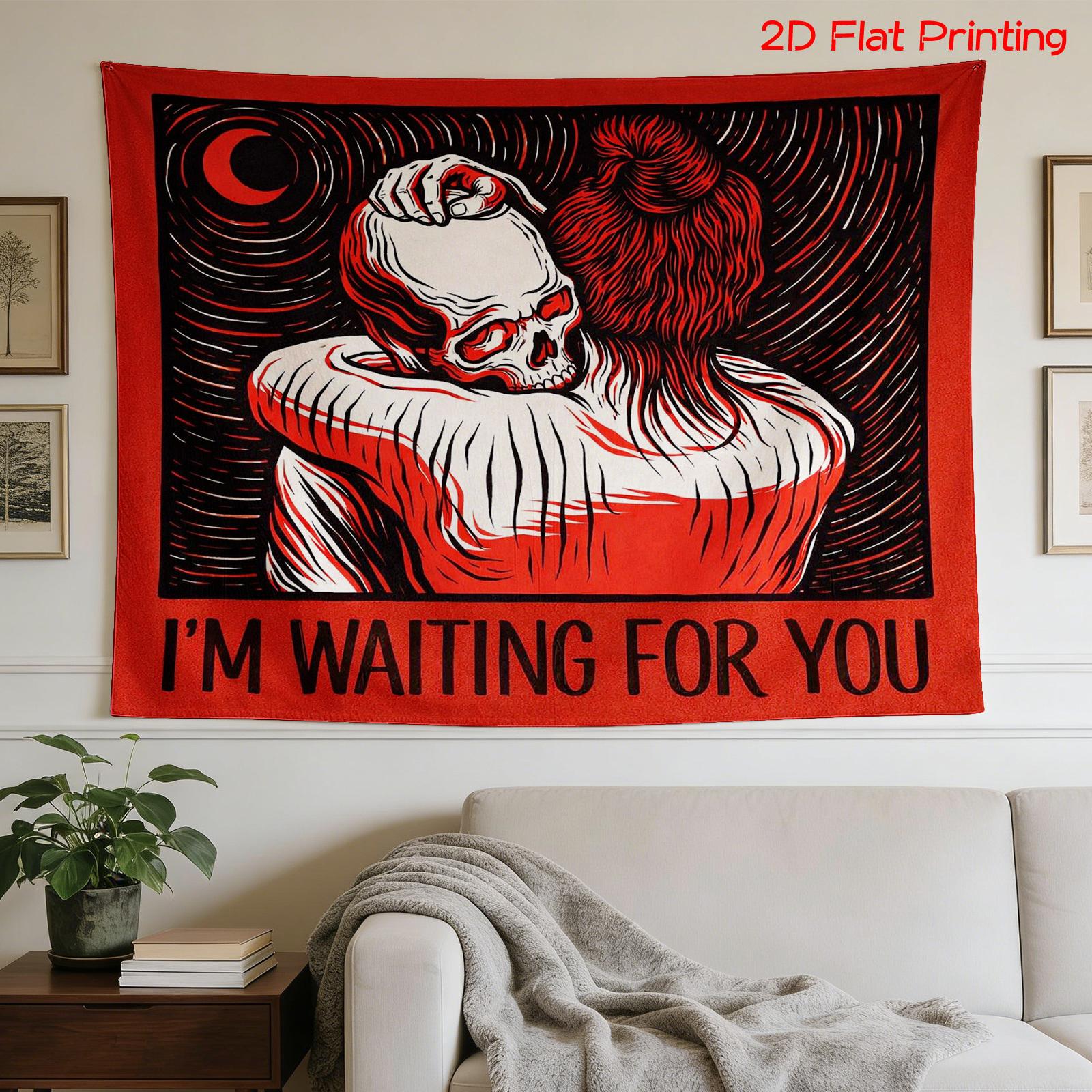 Dark Style Skeleton Embracing Tapestry Red and Black Retro I m WAITING FOR YOU Text Printing Room Decoration 100X70CM