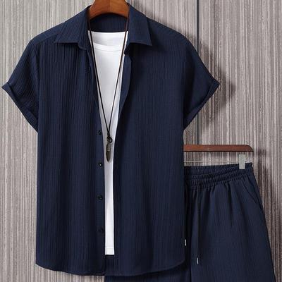 Herren-Streifen-Kurzarmhemd und Shorts mit Kordelzug und Button-Down-Kragen
