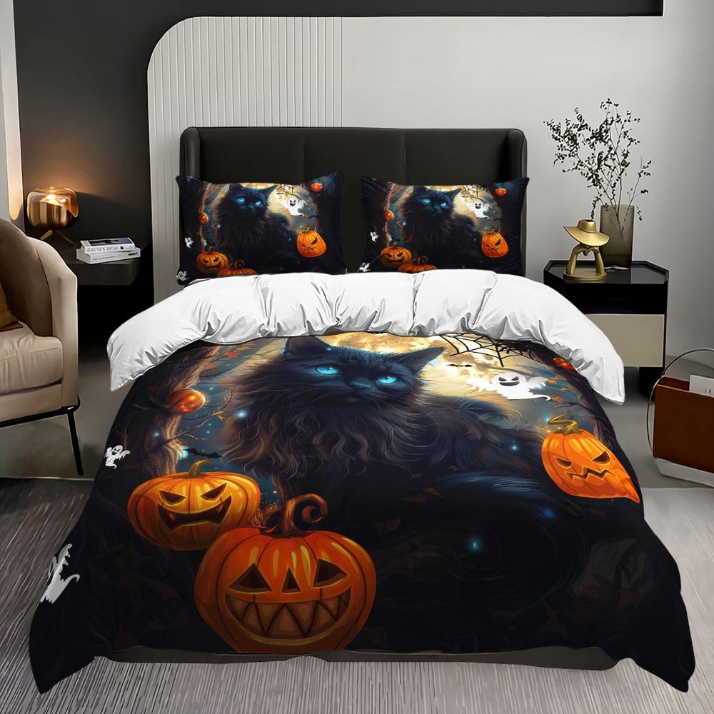 

3pcs Halloween Bedding Set Black Cat Pumpkin Print Cozy Duvet Cover Set King Queen Twin Single Size Birthday Gift Bedroom Decor EU Single 135x200cm