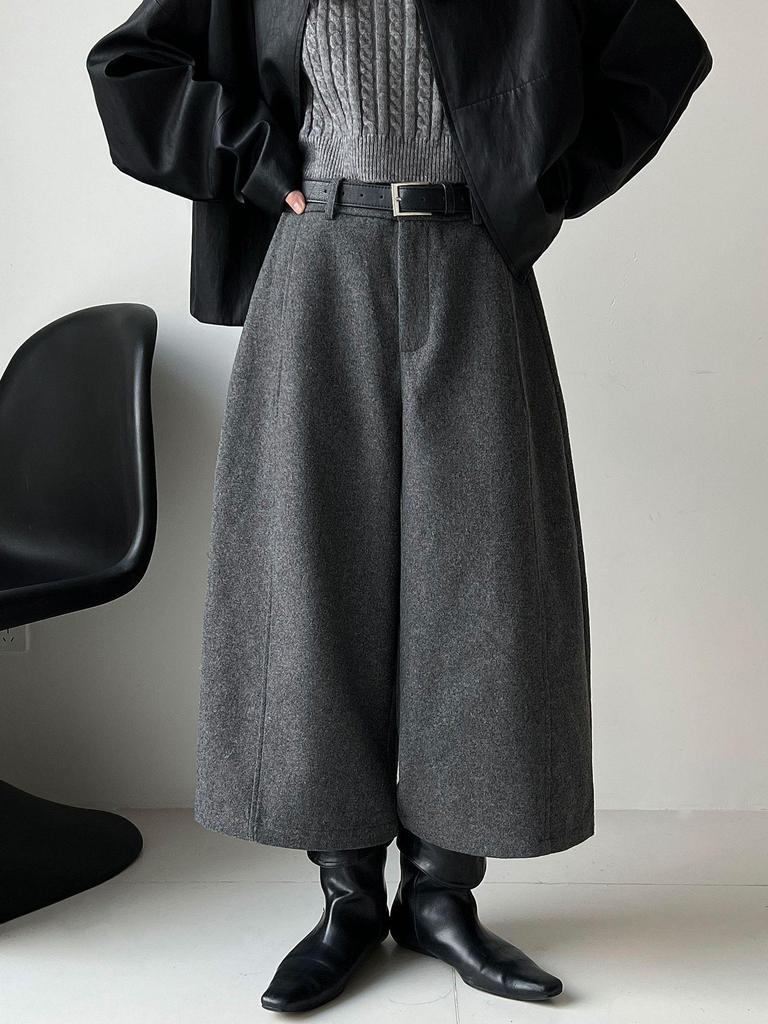 Women's LUXI Woolen Stand-up Collar Wide-leg Cropped Pants - Korean Style, Autumn Slimming High-End Feel
