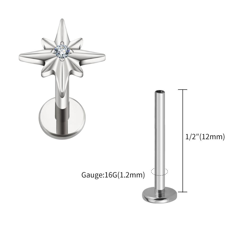 Right Grand ASTM F136 Titanium 16G Sparkling CZ North Star Stud Earring Labret Cartilage Tragus Helix Conch Lobe Piercing