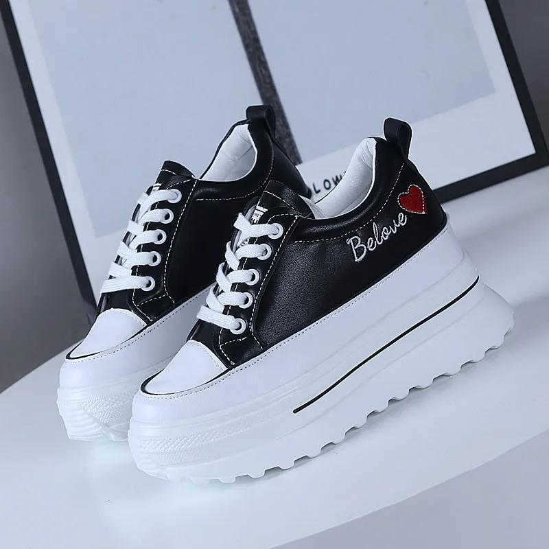 Fashion Spring Autumn Women High Platform Shoes 9CM Comfortable Chunky Sneakers Breathable Leather Wedges Casual Sport  Walking Shoes