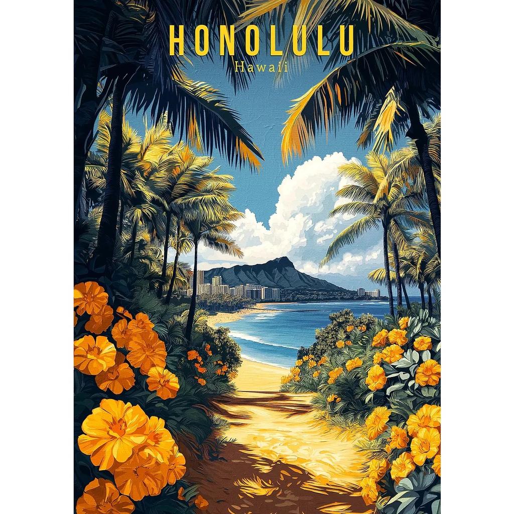 Hawaii Travel Posters Oahu Waikiki Sunset Vintage Tropical Prints Beach Ocean Canvas Painting Wall Art Pictures Home Room Decor