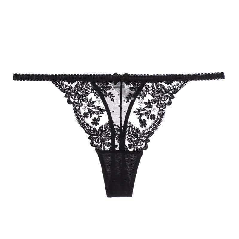 Women's French Floral Fishbone Lace Thong: Thin Straps, Luxurious Mesh, Sexy Embroidery