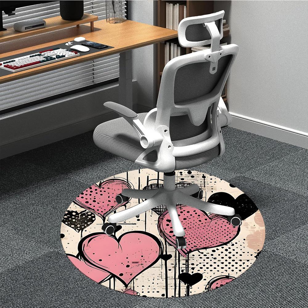 1pc Heart Print Chair Carpet for Office, Round Polyester Mat, Indoor Decor for Office, Washable Non-slip Carpet yy251219113