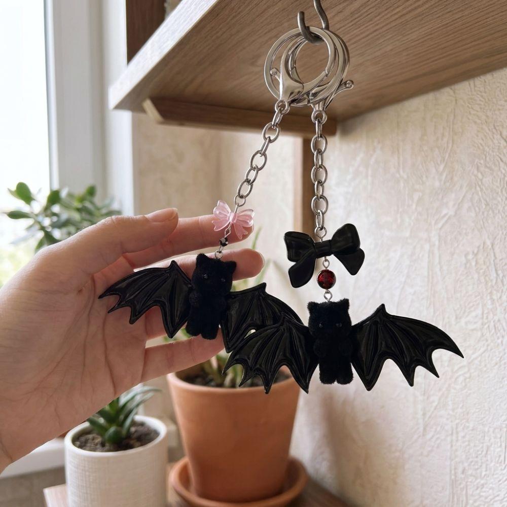 Dark Fluffy Bear with Wing Keychain Soft Touch Plush Bat Bear Keyring Halloween Party Gift