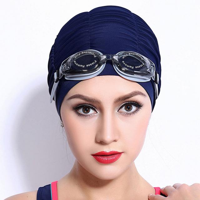 Cheap Swimming Caps Long Hair Swim Cap Pleated Cloth Fabric Bathing