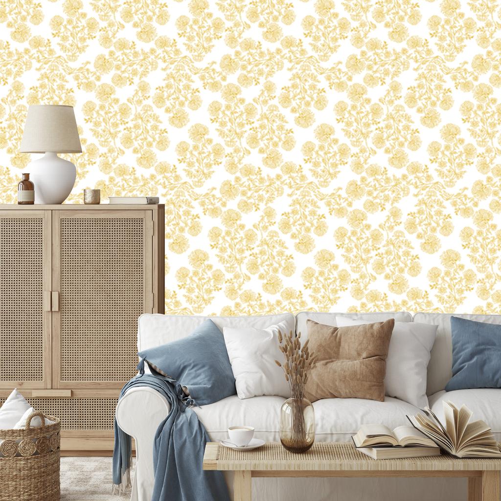 Wallpaper Flowers Cream and White, Cream Background for Living Room and Bedroom 50x1000