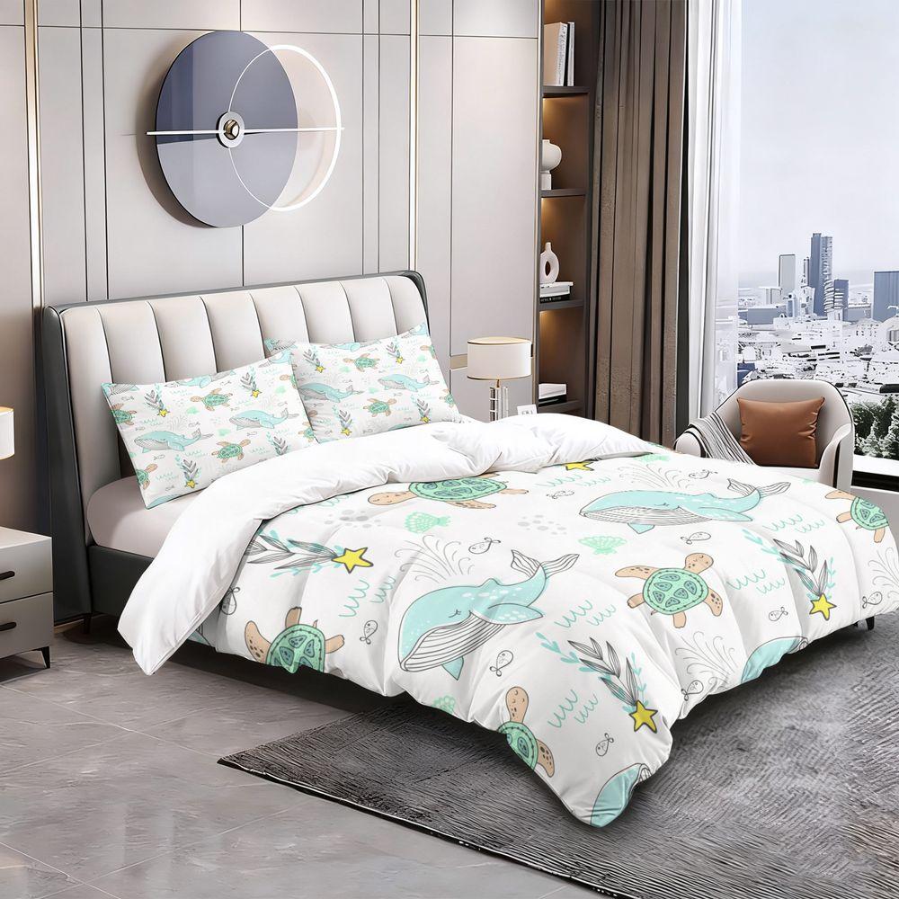 Cute Whale and Turtle Print Duvet Cover Set (1 Duvet Cover & 1/2 Pillowcase) Soft Kids Bedding Set Ocean Room Decor