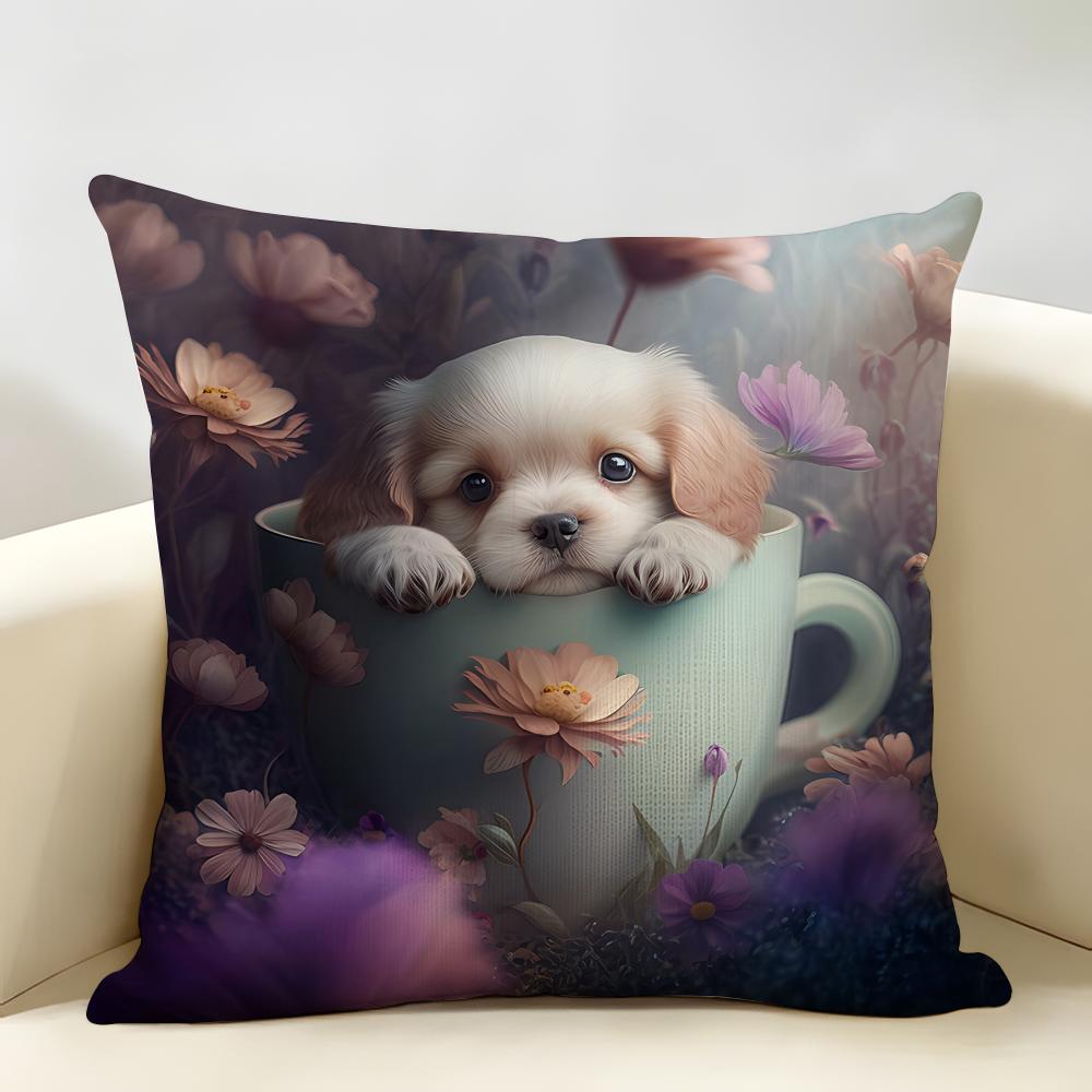Cute Puppy Cartoon Kawaii Cushion Cover Natural Linen Organic Fabric DoubleSided Printing Room Sofa Decor Pillow Case