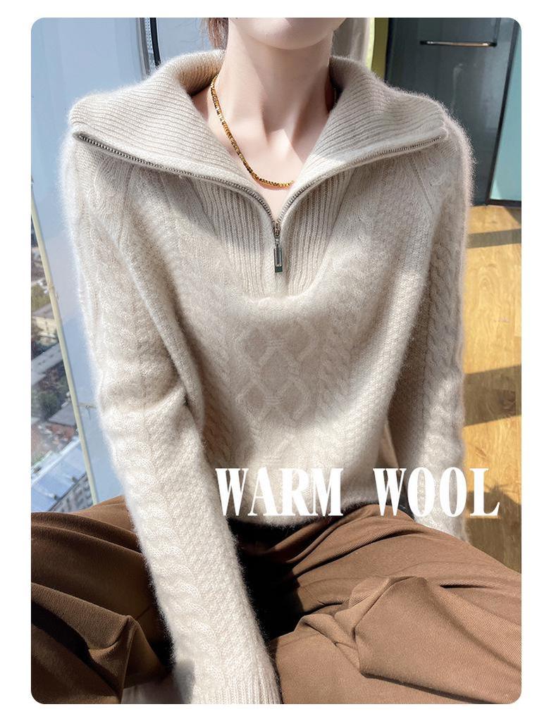 Women's Heavyweight Three-Ply Wool Half-Zip Sweater - Fashionable & Versatile for Autumn/Winter.