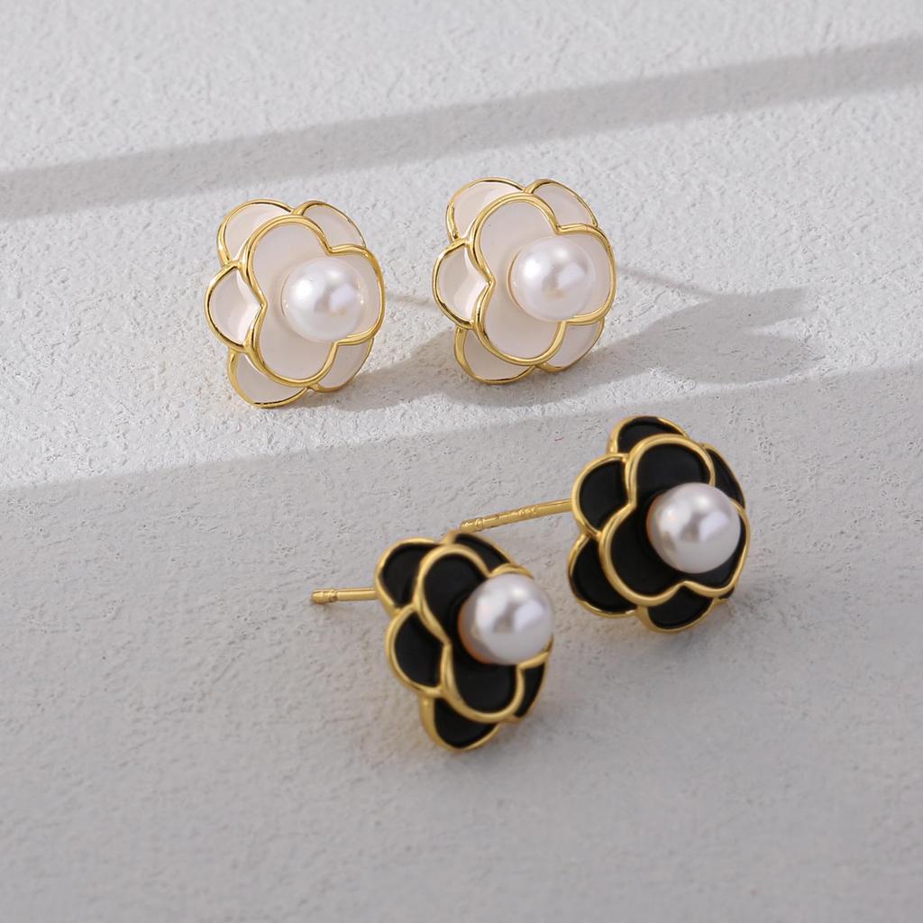 Gold-Plated Camellia Pearl Enamel Earrings for Women - Retro Style