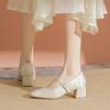 Single shoes women's skirt pearl satin jacquard word with square head Mary Jane shoes women